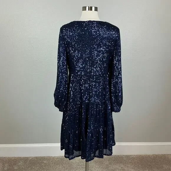 Eliza J Sequined Long Sleeve A-Line V-Neck Mini Cocktail Dress Navy Blue Size 8 - Picture 7 of 13